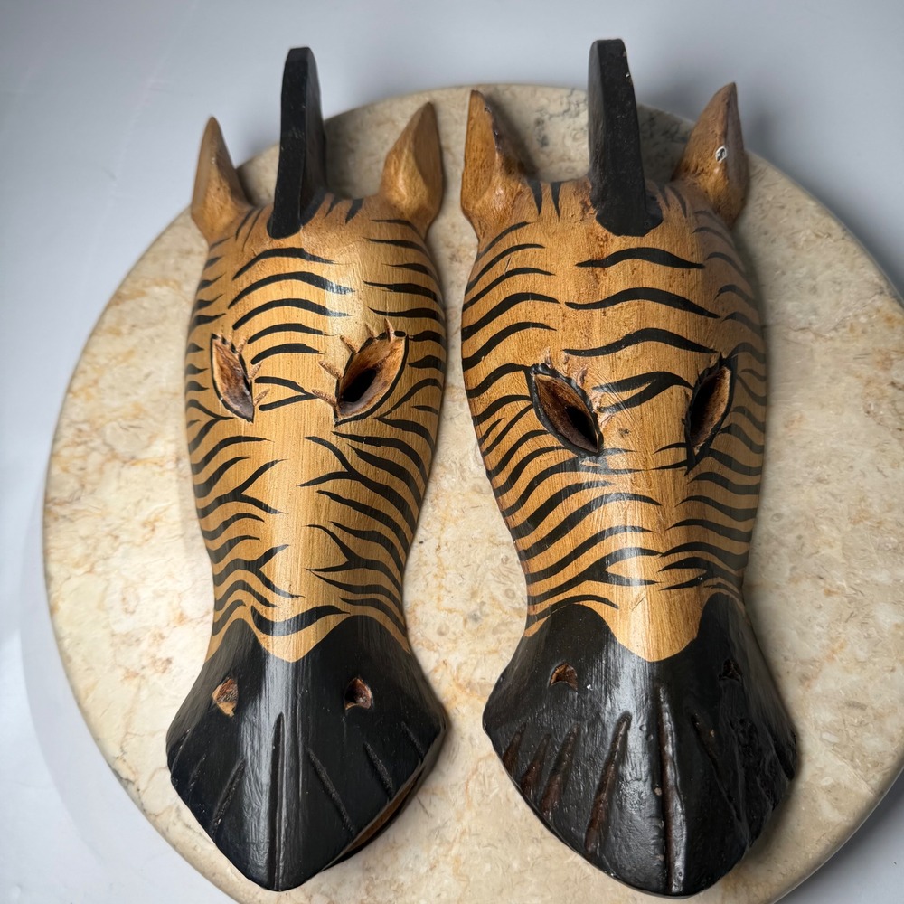 Hand Carved Wood Zebra Wall Masks Set of 2 10.5in Tan Black Safari Tribal Decor